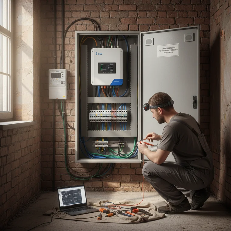Falownik fotowoltaiczny 5 kW zamontowany w mieszkaniu przy rozdzielnicy, z opisanymi zabezpieczeniami, aby nie wybijało bezpieczników