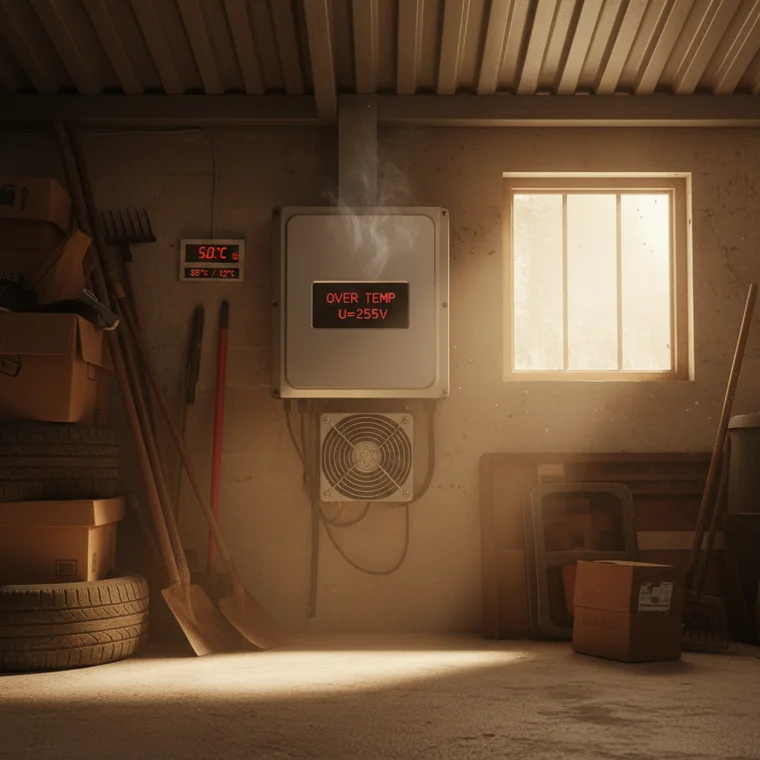 Falownik fotowoltaiczny w garażu, pokazany sposób montażu oraz znaczenie cyrkulacji powietrza dla uniknięcia resetowania w wysokiej temperaturze