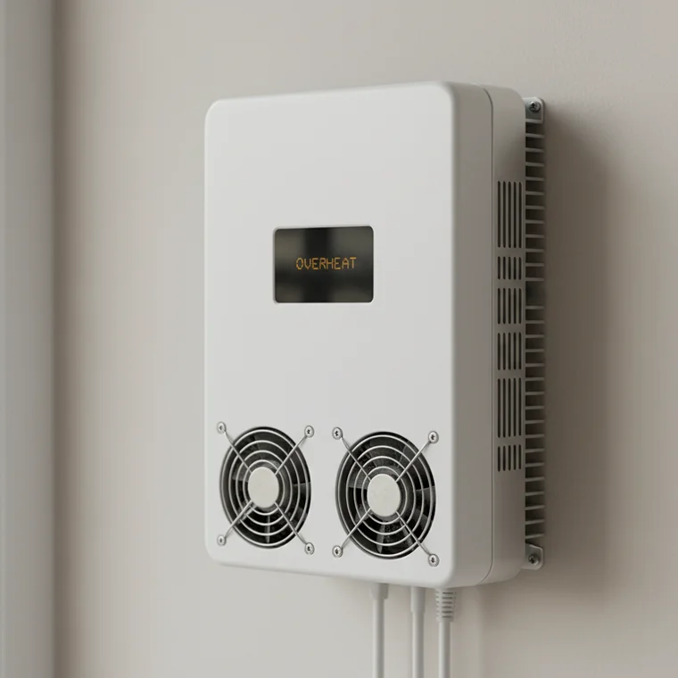 Falownik fotowoltaiczny resetuje się w upalne dni z powodu przegrzewania i braku wentylacji, widoczny montaż inwertera PV na ścianie budynku