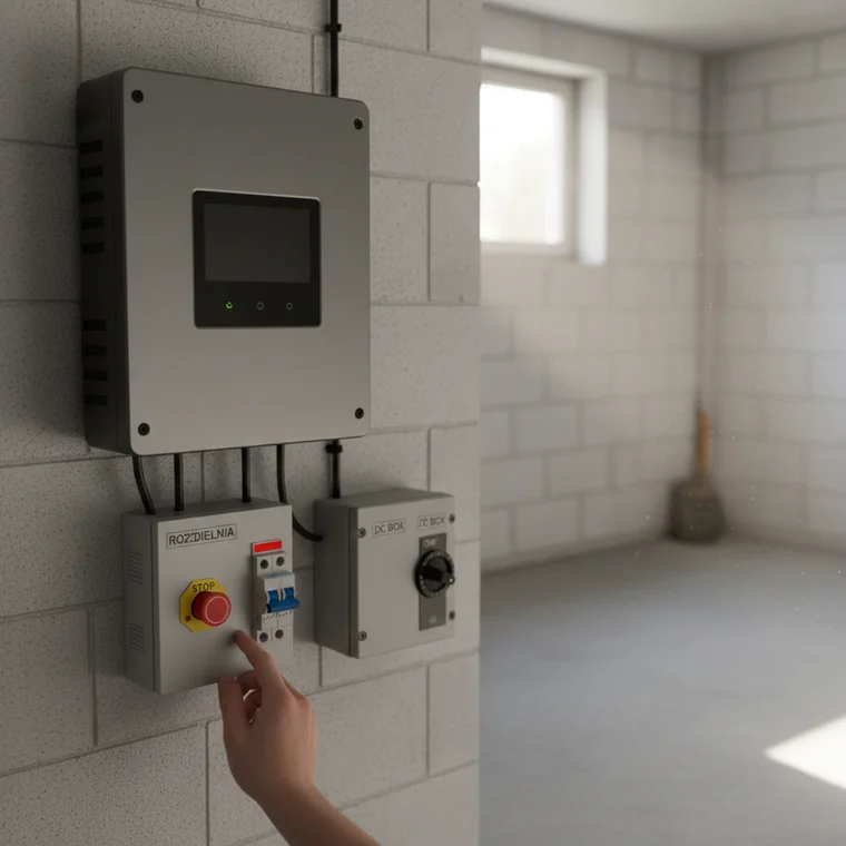 Widok instalacji fotowoltaicznej z falownikiem 3-fazowym, na którego wyświetlaczu widoczne są kody błędów i parametry sieci