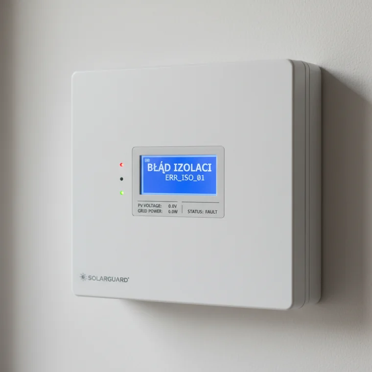 Falownik sieciowy 3-fazowy z widocznym wyświetlaczem błędów, pokazujący objawy uszkodzenia i problemy z pracą instalacji PV