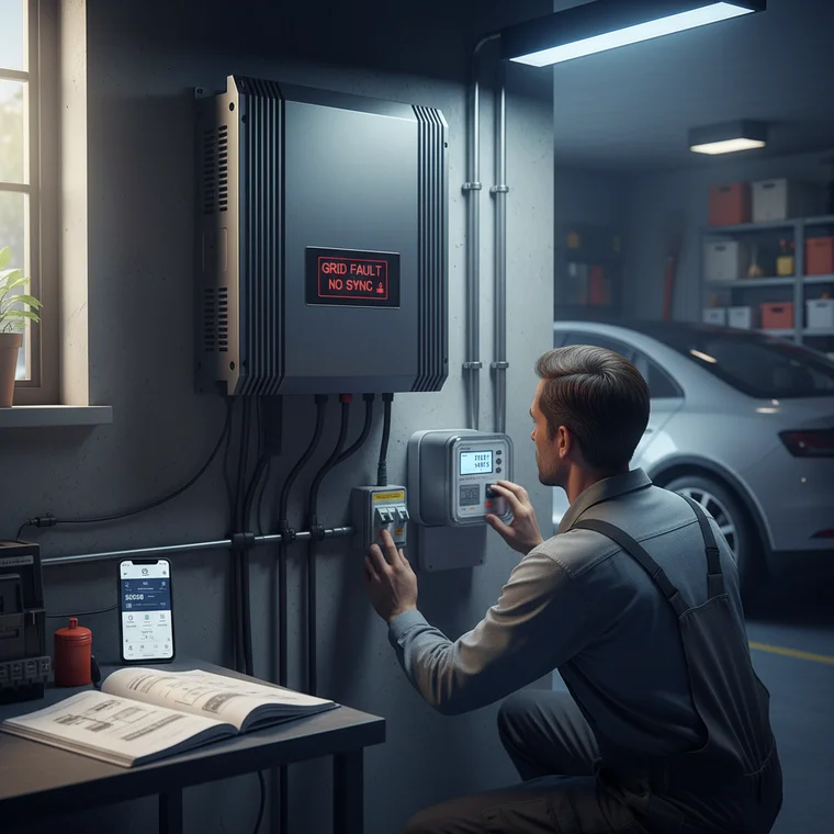 Schemat połączenia falownika fotowoltaicznego z licznikiem energii po wymianie, kontrola parametrów sieci i synchronizacji