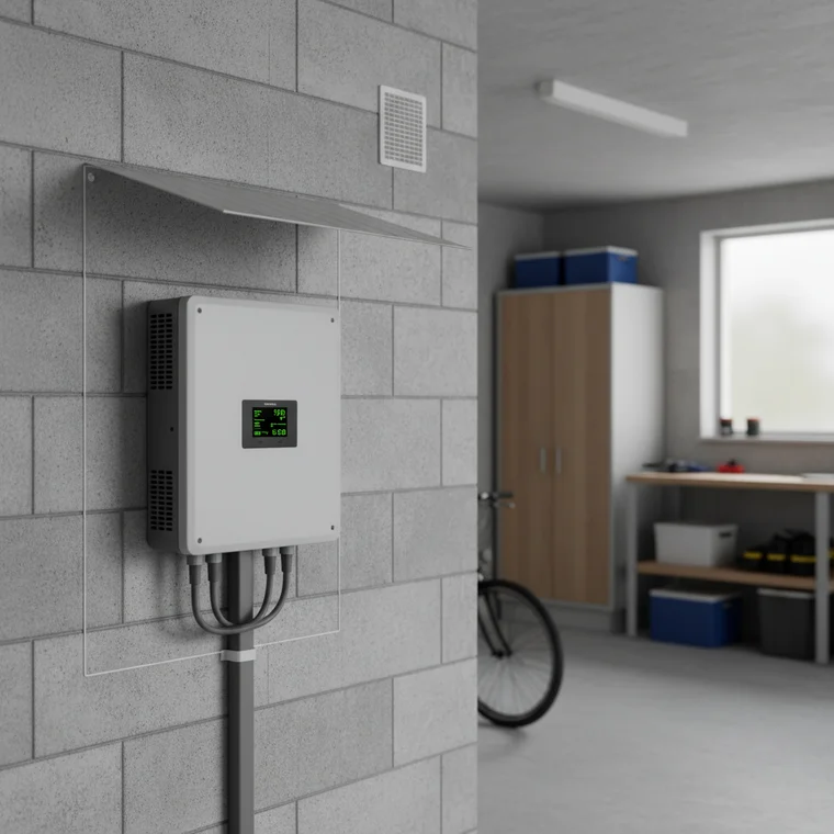 Zewnętrzny montaż falownika fotowoltaicznego na zacienionej elewacji domu, z daszkiem ochronnym dla większej trwałości urządzenia