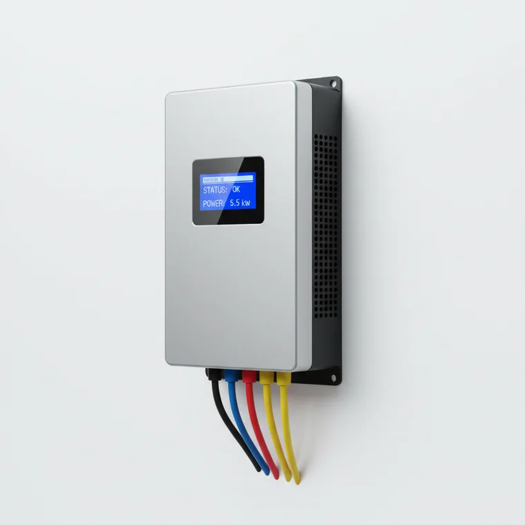 Falownik fotowoltaiczny zamontowany w chłodnym garażu domu jednorodzinnego, pokazujący optymalne miejsce montażu dla długiej pracy