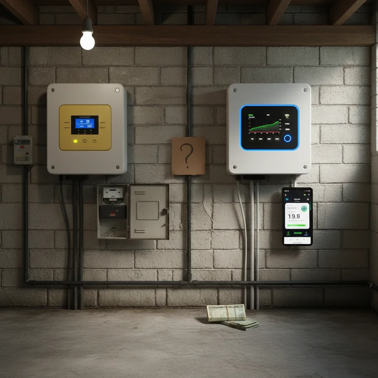 Panel sterowania nowoczesnego falownika z podglądem danych w aplikacji, pokazujący monitoring instalacji fotowoltaicznej 3 kW z Wi‑Fi