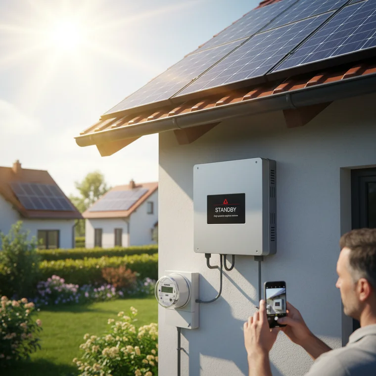 Domowa instalacja PV, falownik i sieć energetyczna, schemat wpływu wysokiego napięcia na wyłączanie falownika fotowoltaicznego