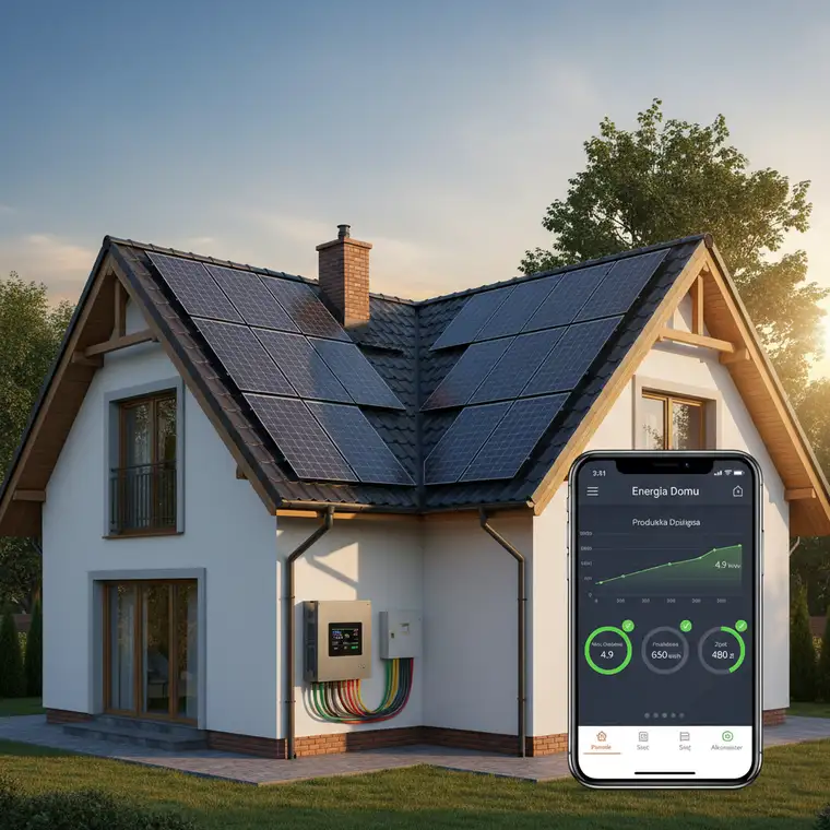 Schemat instalacji fotowoltaicznej 6 kWp z falownikiem 5 kW na dachu dwuspadowym 45 stopni