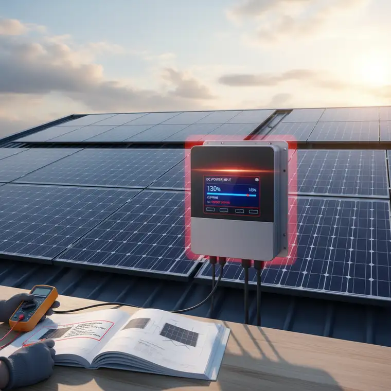 Falownik fotowoltaiczny z podłączonymi panelami, ilustrujący bezpieczne przewymiarowanie o 30 procent zgodnie z warunkami gwarancji