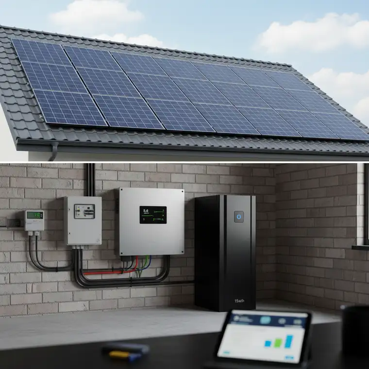 Wizualizacja pracy falownika hybrydowego w instalacji fotowoltaicznej 10 kWp z magazynem energii, pokazująca ładowanie i rozładowanie akumulatorów