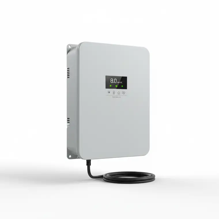 Schemat domowej instalacji fotowoltaicznej 10 kWp z magazynem energii i falownikiem hybrydowym, pokazujący przepływ energii i dobór mocy falownika