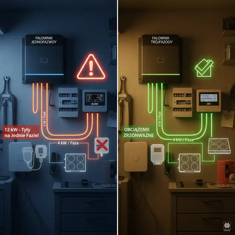 Widok instalacji fotowoltaicznej 12 kW z falownikiem trójfazowym przy przyłączu 3-fazowym, prezentujący równomierne obciążenie faz w domu