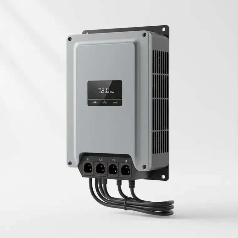 Schemat porównujący falownik jednofazowy i trójfazowy w domu 12 kW z przyłączem 3-fazowym, pokazujący różne rozłożenie mocy w instalacji fotowoltaicznej