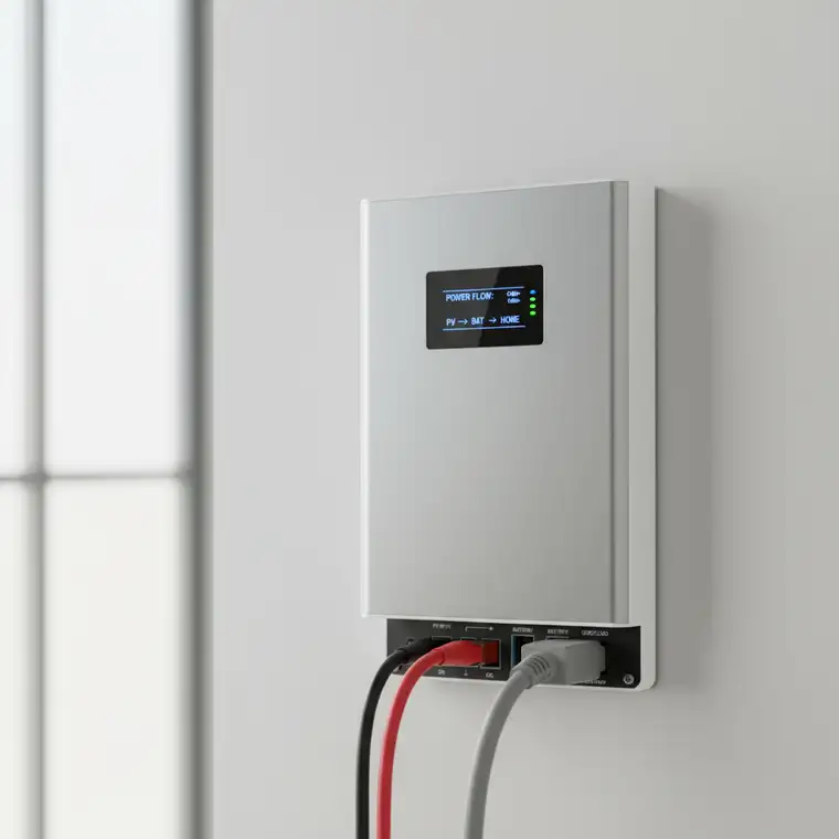 Schemat domu z instalacją PV, falownikiem hybrydowym i magazynem energii pokazujący, jak dobrać falownik hybrydowy do istniejącej instalacji on-grid bez wymiany paneli