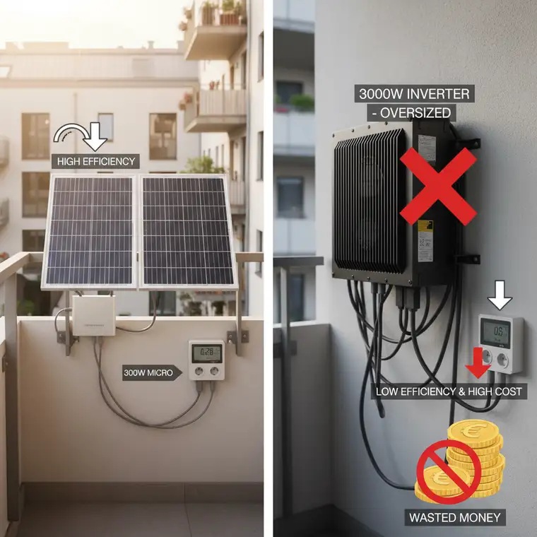 Schemat doboru falownika do paneli fotowoltaicznych na balkonie, ilustrujący problem przewymiarowania i spadku sprawności instalacji