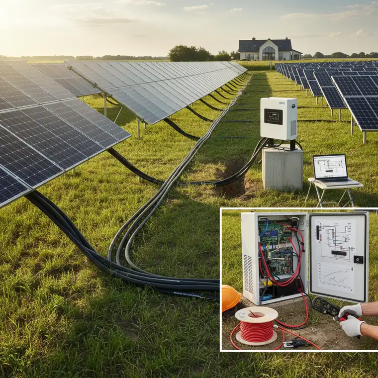 Schemat instalacji fotowoltaicznej 8 kWp na gruncie z zaznaczonymi stringami i długościami przewodów DC oraz dobranym falownikiem