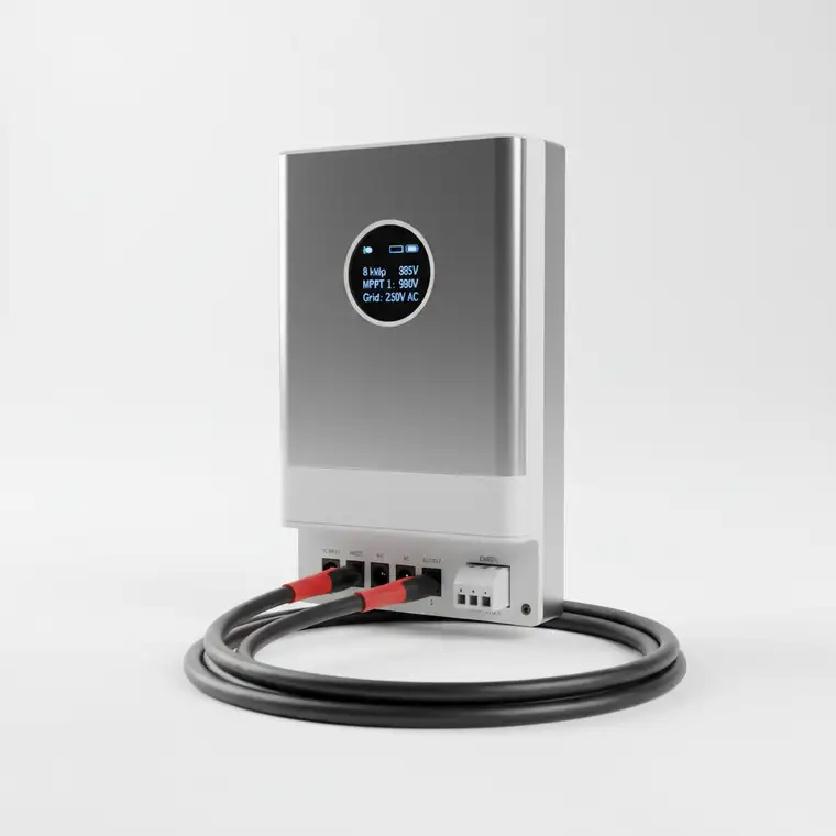 Gruntowa instalacja fotowoltaiczna 8 kWp z falownikiem dobranym pod długie przewody DC, widok paneli na stelażach i trasy kablowej do budynku