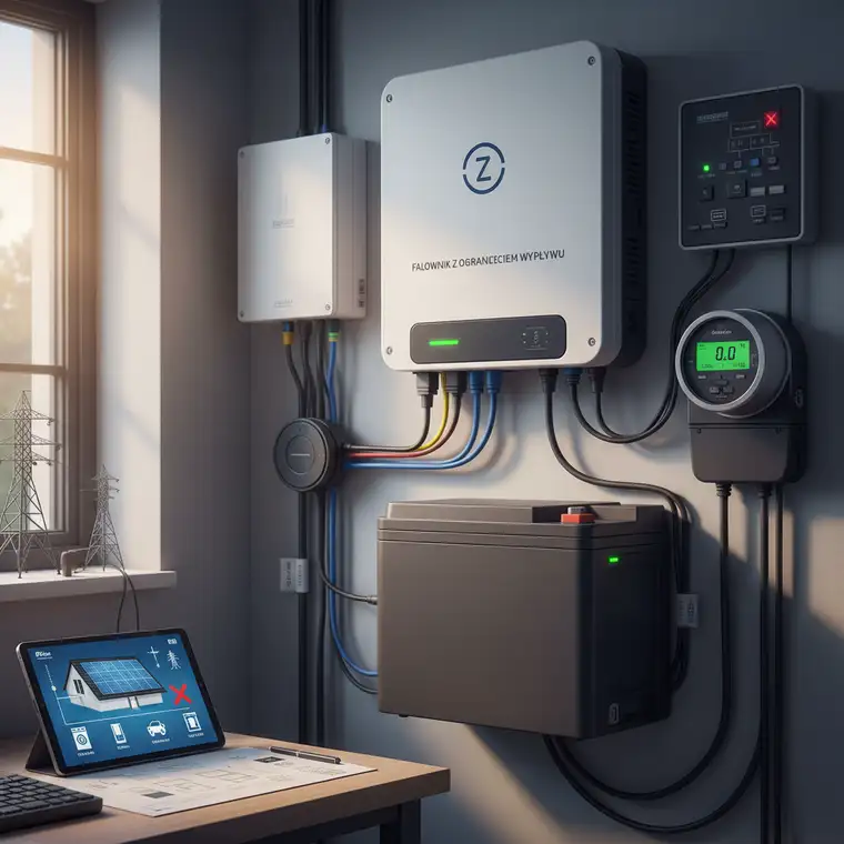 Instalacja fotowoltaiczna z falownikiem zero-export i przekładnikiem prądowym zamontowanym przy liczniku energii