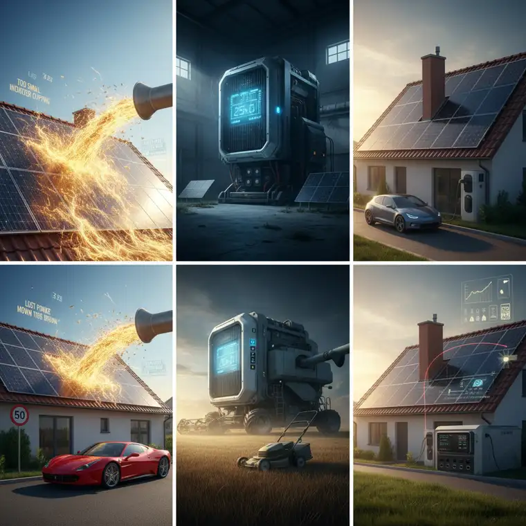 Schemat domowej instalacji fotowoltaicznej z falownikiem, ilustrujący błędy i dobre praktyki przy doborze mocy falownika do domu