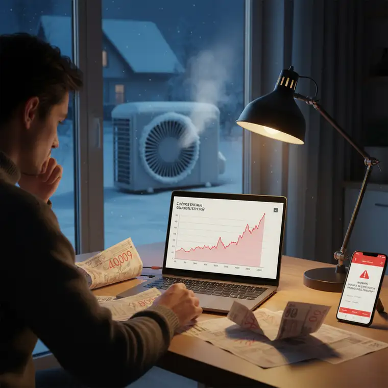 Schemat instalacji pompy ciepła powietrze-woda z jednostką zewnętrzną i grzałką, pokazujący wpływ ustawień na przegrzewanie i rachunki