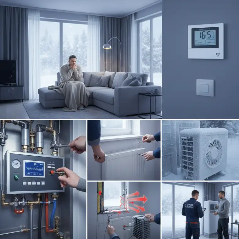 Pompa ciepła przy domu 150 m2 zimą, zewnętrzna jednostka gdy system ciągle pracuje i trudno dogrzewa wnętrza budynku