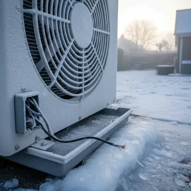 Schematyczny widok instalacji elektrycznej pompy ciepła z zaznaczoną różnicówką i grzałkami aktywnymi przy odszranianiu