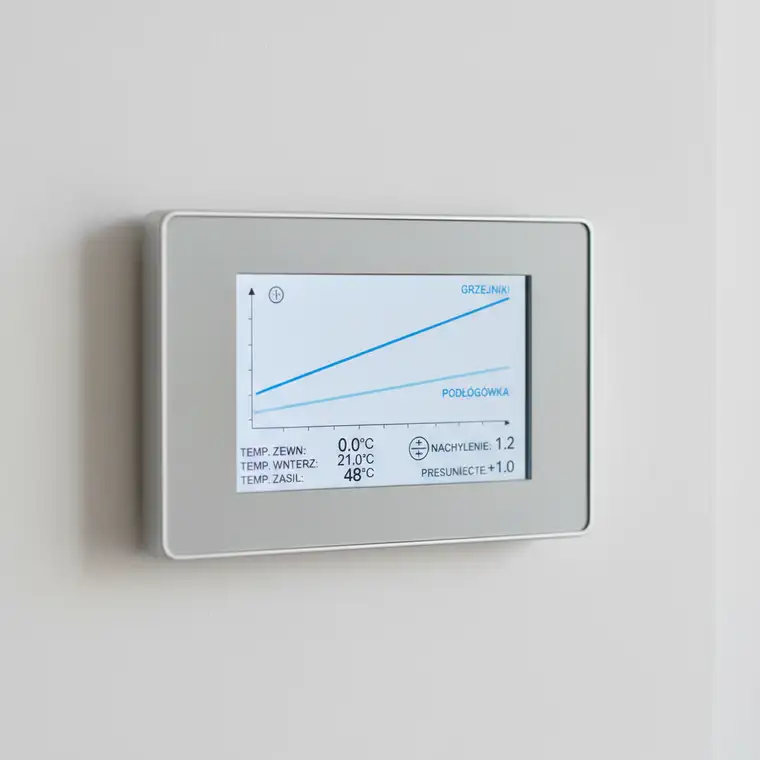 Schemat ustawiania krzywej grzewczej pompy ciepła z grzejnikami stalowymi, zależność temperatury zasilania od temperatury zewnętrznej