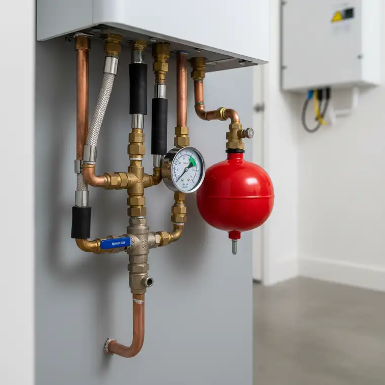 Rozdzielacz ogrzewania z manometrem i naczyniem wzbiorczym pokazującym prawidłowe ciśnienie instalacji dla pompy ciepła 8 kW w domu