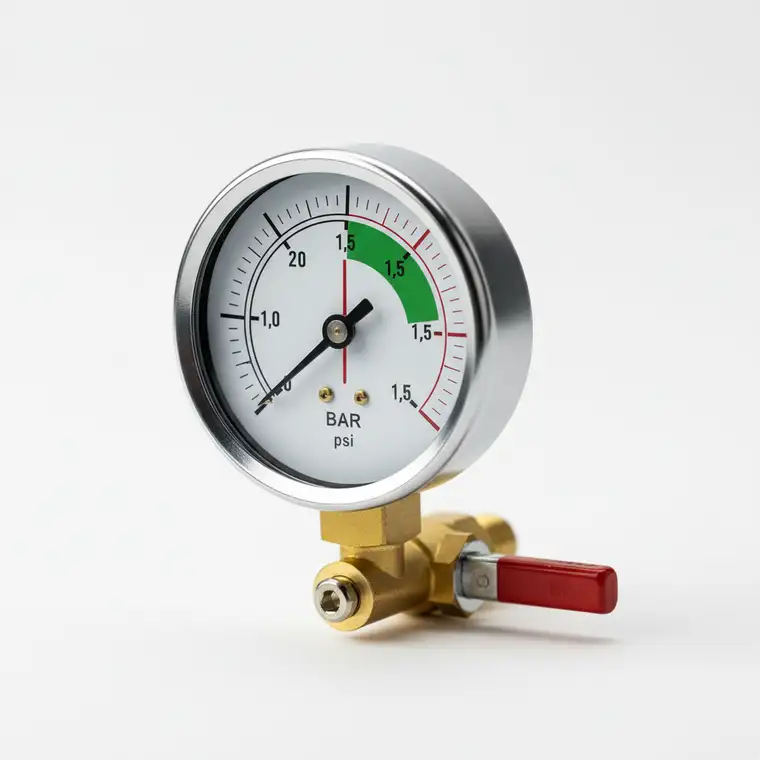 Schemat instalacji z pompą ciepła 8 kW i manometrem pokazującym optymalne minimalne ciśnienie w zamkniętym obiegu grzewczym domu jednorodzinnego