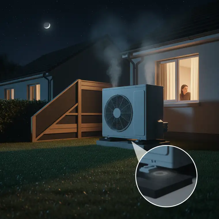 Montaż pompy ciepła na betonowej płycie z podkładkami antywibracyjnymi, pokazujący sposób redukcji hałasu pompy ciepła przy domu