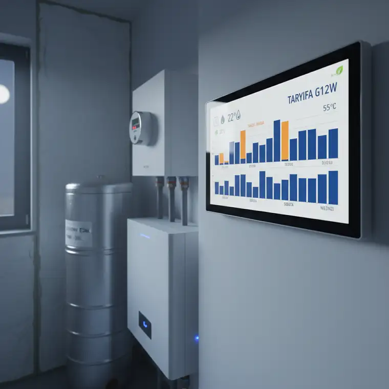 Schemat harmonogramu pompy ciepła w taryfie G12w z zaznaczonymi godzinami taniej energii i pracą CWU