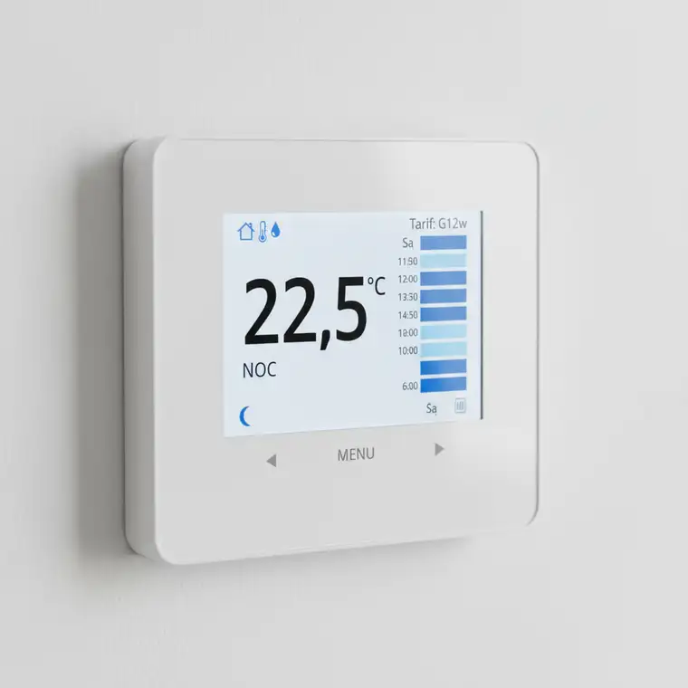 Schemat domu z pompą ciepła pracującą w taryfie G12w, pokazujący harmonogram ogrzewania dla niższych rachunków