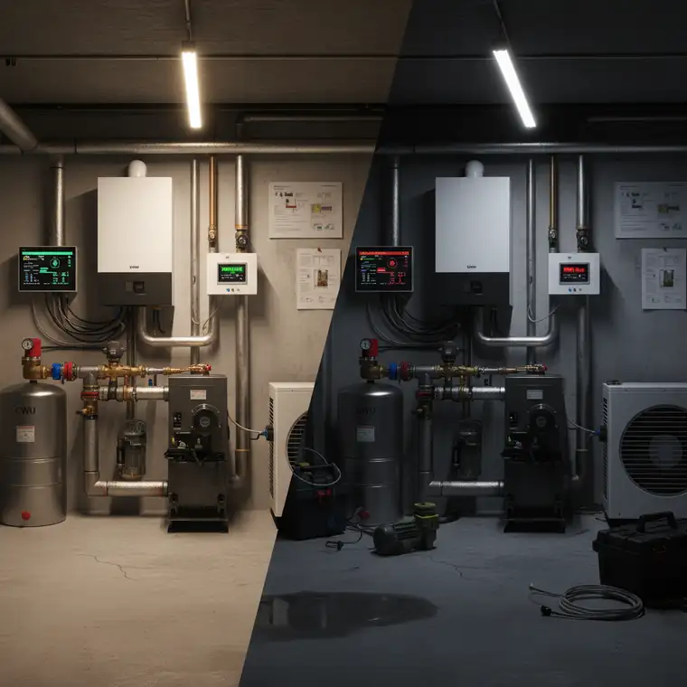 Widok nowoczesnej kotłowni z pompą ciepła, kotłem gazowym i inteligentnym sterownikiem, ilustrujący poprawne sterowanie hybrydowym systemem bez najczęstszych błędów montażu
