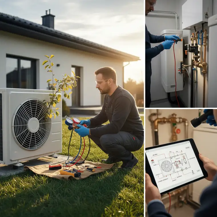 Schemat instalacji z pompą ciepła 7 kW i serwisantem omawiającym koszty przeglądów oraz napraw po pięciu latach użytkowania