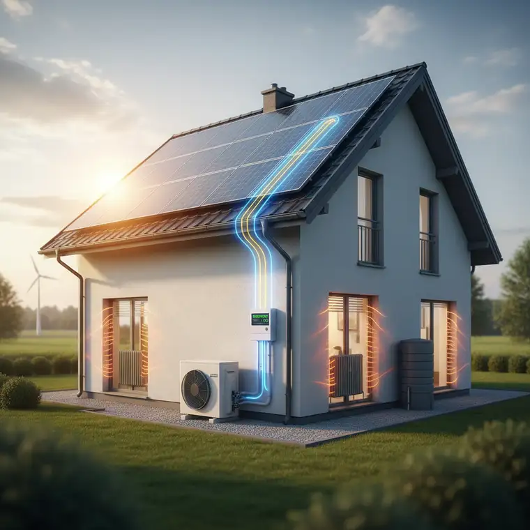 Schemat domu 120 m² z zainstalowaną pompą ciepła i fotowoltaiką, pokazujący współpracę obu systemów OZE dla maksymalnych oszczędności