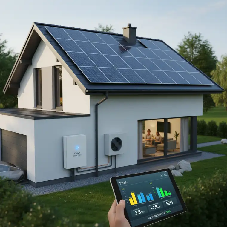 Wnętrze kotłowni z pompą ciepła, falownikiem hybrydowym i magazynem energii 10 kWh, ilustrujące nowoczesną instalację PV w domu jednorodzinnym