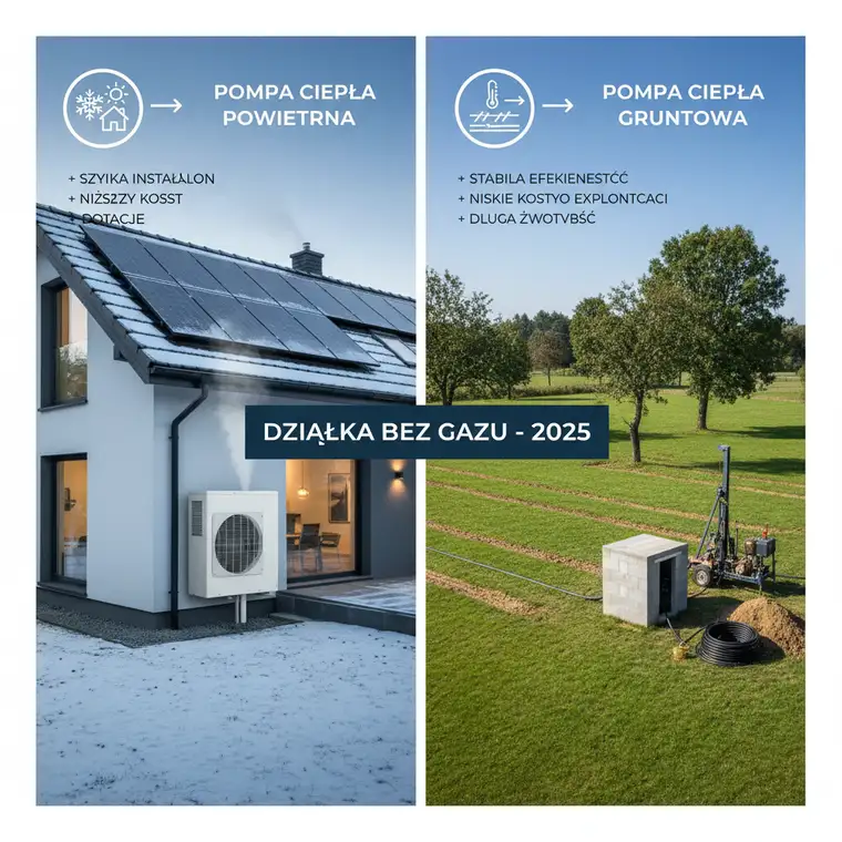 Przekrój działki z odwiertami pod gruntową pompę ciepła i kolektorami, porównanie z jednostką zewnętrzną pompy powietrznej na działce bez gazu