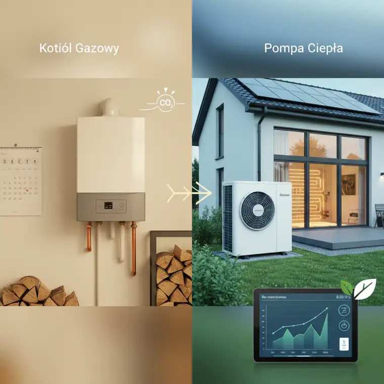 Nowoczesna pompa ciepła powietrze-woda przy elewacji energooszczędnego domu jednorodzinnego, alternatywa dla kotła gazowego