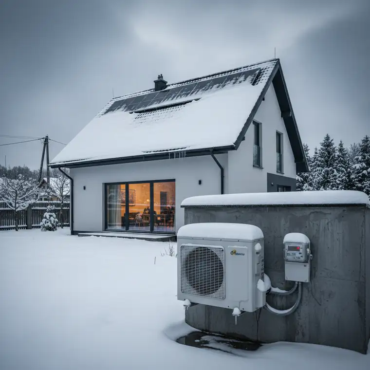 Wizualizacja domu jednorodzinnego z pompą ciepła i fotowoltaiką, z zaznaczeniem strat ciepła przez dach i ściany, pokazująca wpływ izolacji na rachunek nie zawsze wynoszący zero złotych