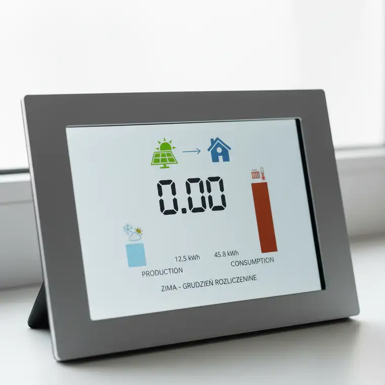 Schemat domu z pompą ciepła i instalacją fotowoltaiczną w zimie, pokazujący mniejszą produkcję prądu i większe zużycie energii – wyjaśnienie, dlaczego pompa ciepła z fotowoltaiką nie zawsze daje rachunek zero złotych