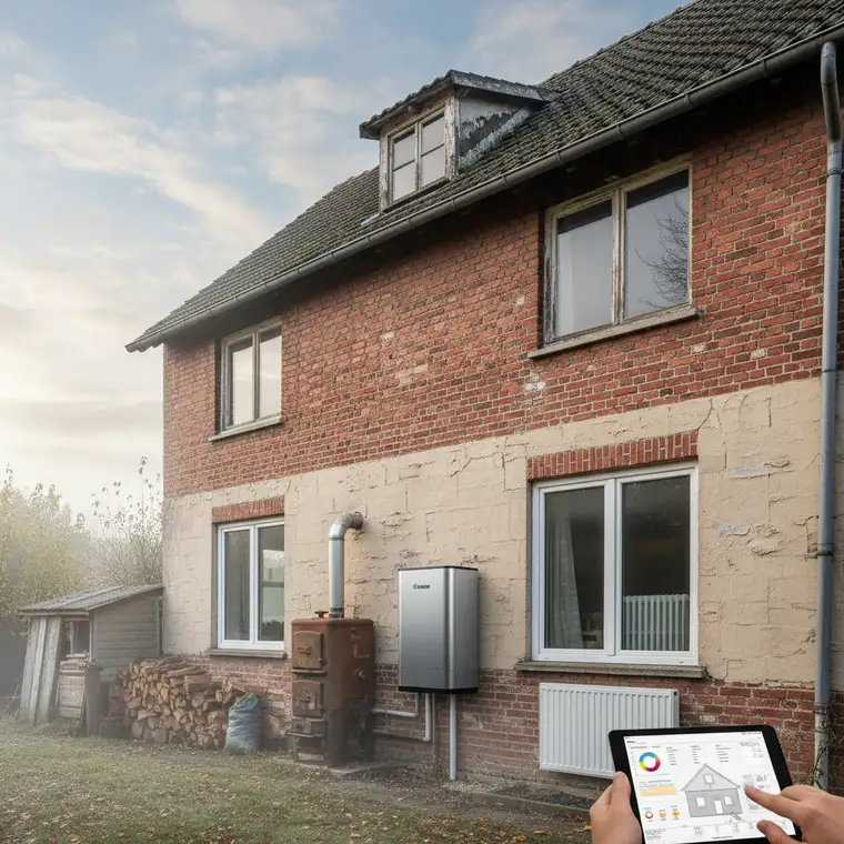 Schemat starego domu 180 m² z zaznaczonymi stratami ciepła i montażem pompy ciepła powietrze–woda w istniejącej kotłowni