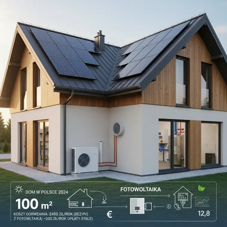 Wykres porównujący roczne koszty ogrzewania pompą ciepła domu 100 m² z i bez fotowoltaiki w Polsce 2024