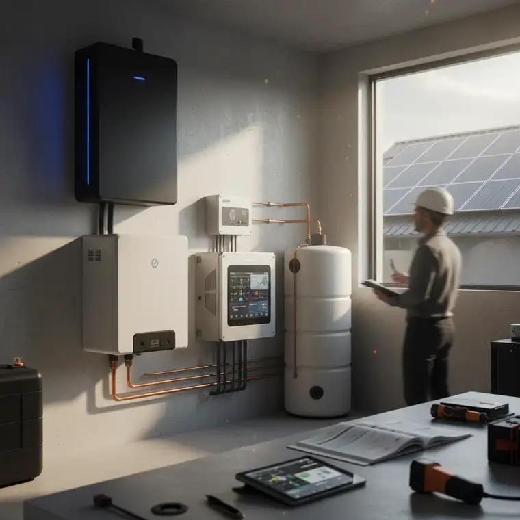 Wizualizacja zintegrowanego systemu fotowoltaiki, pompy ciepła i magazynu energii w domu jednorodzinnym, z naciskiem na prawidłową konfigurację