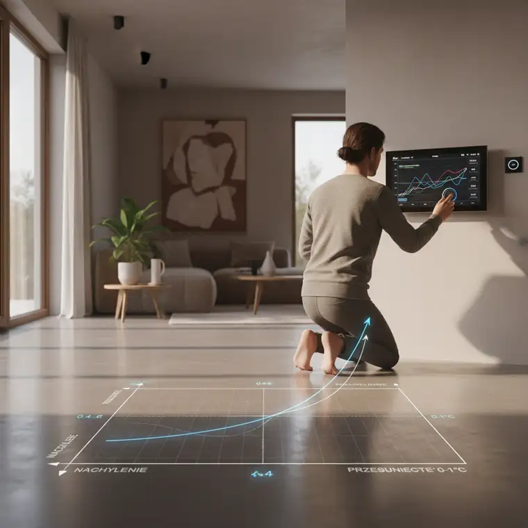 Panel sterowania pompy ciepła z ustawioną krzywą grzewczą dla ogrzewania podłogowego w domu 120 m² i prezentacją temperatur