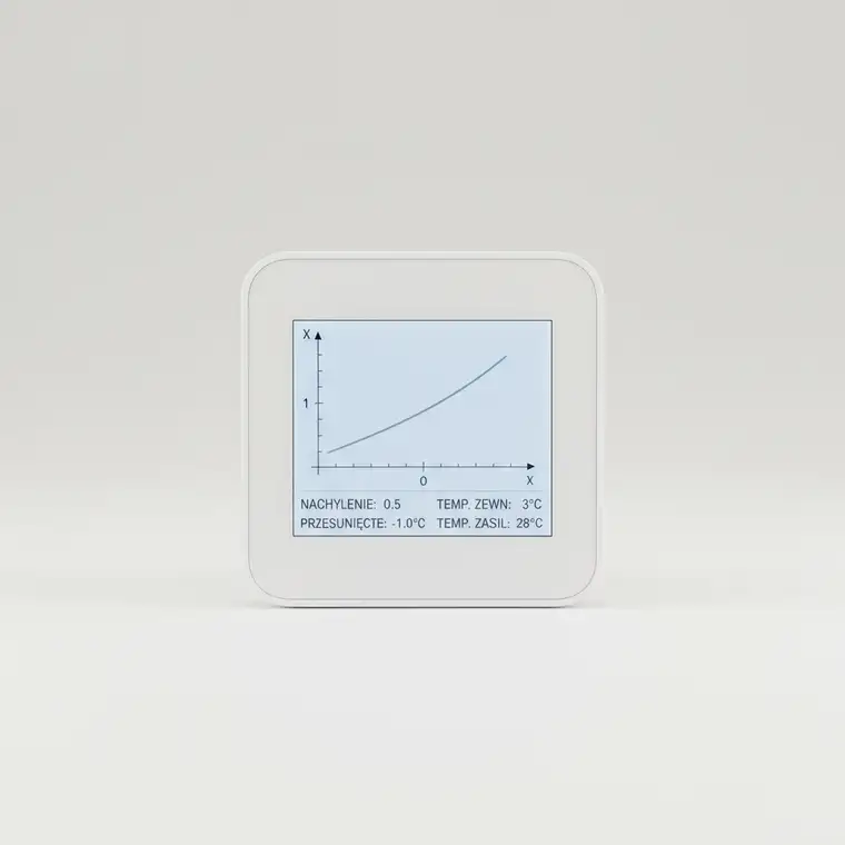 Schemat ustawiania krzywej grzewczej pompy ciepła dla podłogówki w domu 120 m², z zaznaczeniem wpływu temperatury zewnętrznej i zasilania