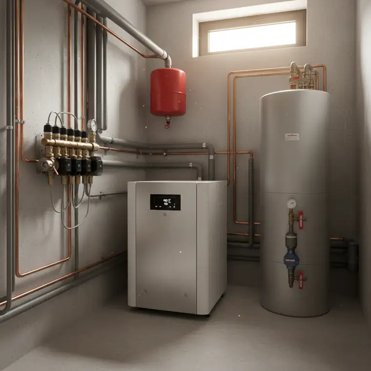 Nowoczesna instalacja z pompą ciepła 10 kW, buforem, grzejnikami i podłogówką, pokazująca poprawne wykonanie hydrauliki ograniczające taktowanie