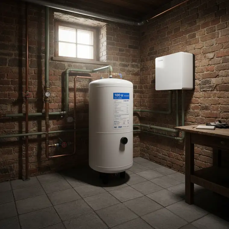 Bufor ciepła 100 l podłączony do pompy ciepła powietrze-woda w kotłowni starego domu z grzejnikami, widoczny układ rur i izolacja