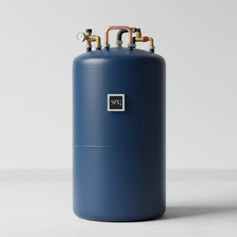 Schemat instalacji pompy ciepła z buforem 100 l w starym domu z grzejnikami, pokazujący obieg wody i stabilizację pracy systemu