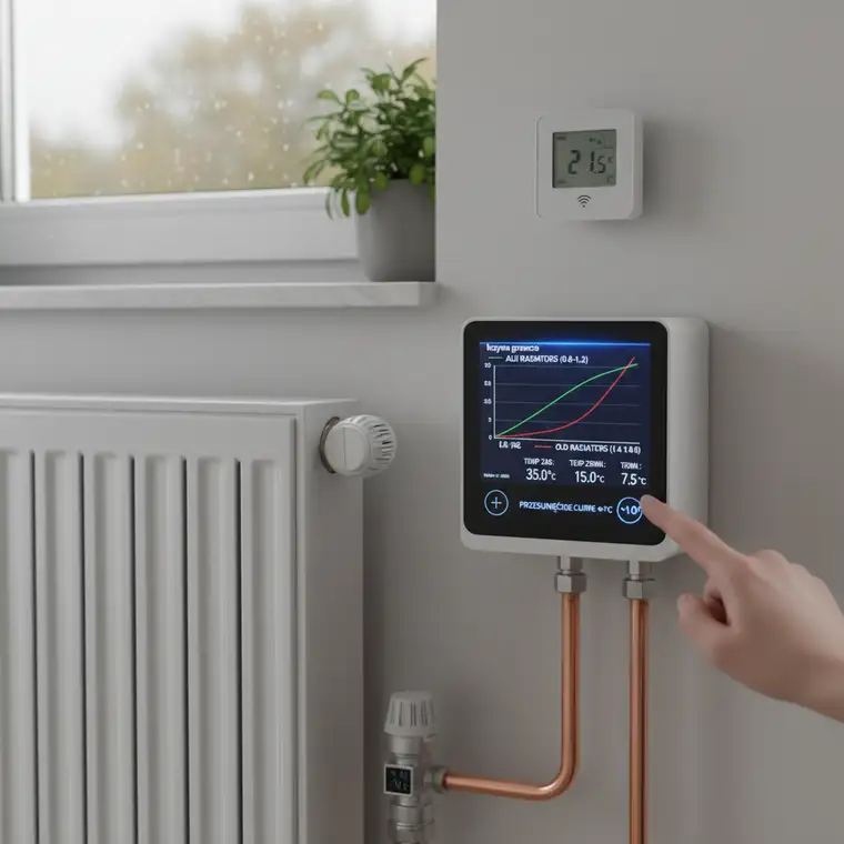 Panel sterowania pompą ciepła z ustawioną krzywą grzewczą do grzejników aluminiowych i niskiej temperatury zasilania