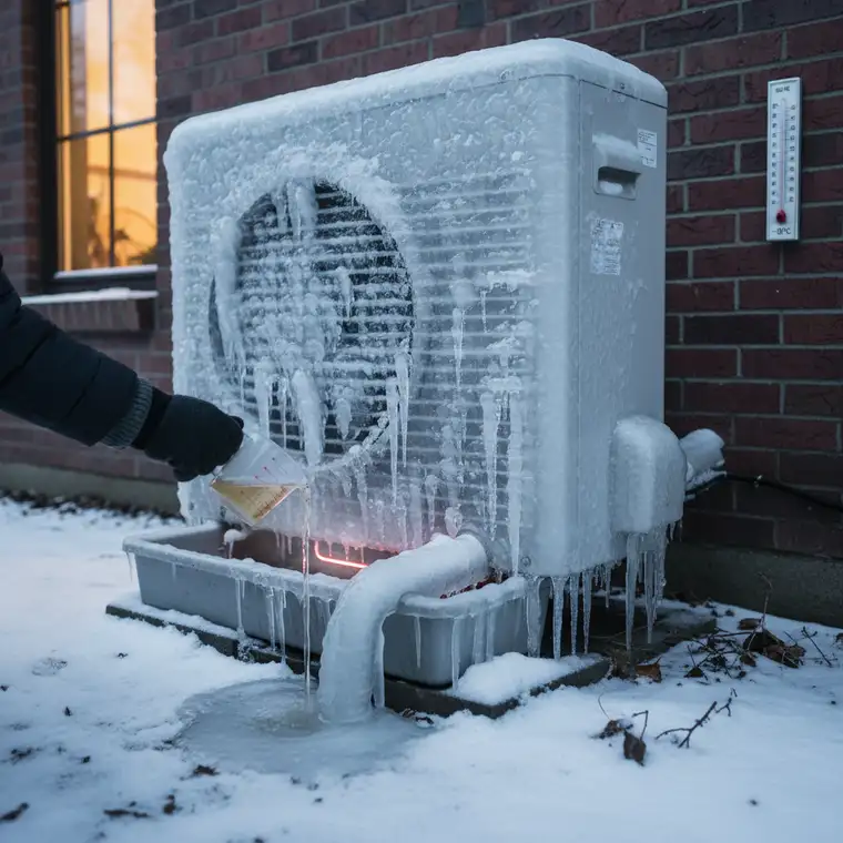 Schemat działania jednostki zewnętrznej pompy ciepła 7 kW podczas odszraniania i odprowadzania skroplin przy ujemnych temperaturach