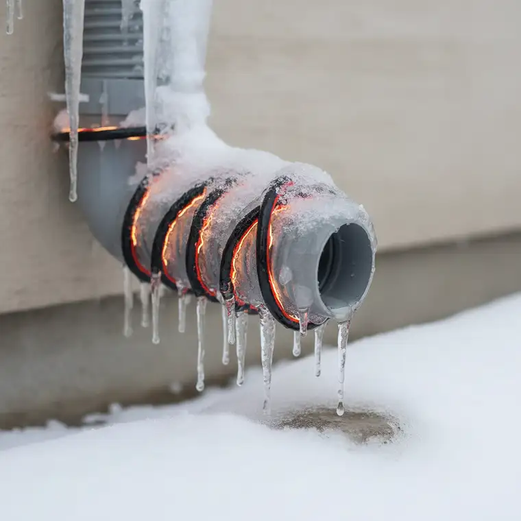 Jednostka zewnętrzna pompy ciepła 7 kW oblodzona skroplinami przy -10°C, przykład problemu z odszranianiem i odpływem kondensatu
